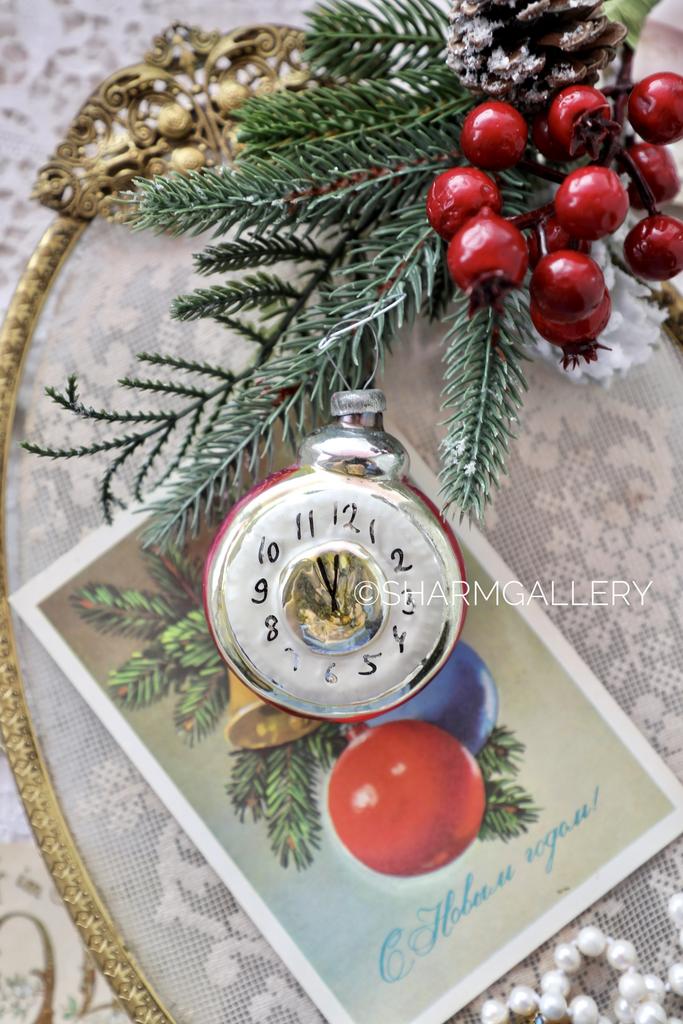 Часы будильник «Без пяти двенадцать» елочная игрушка, стекло, СССР. №8