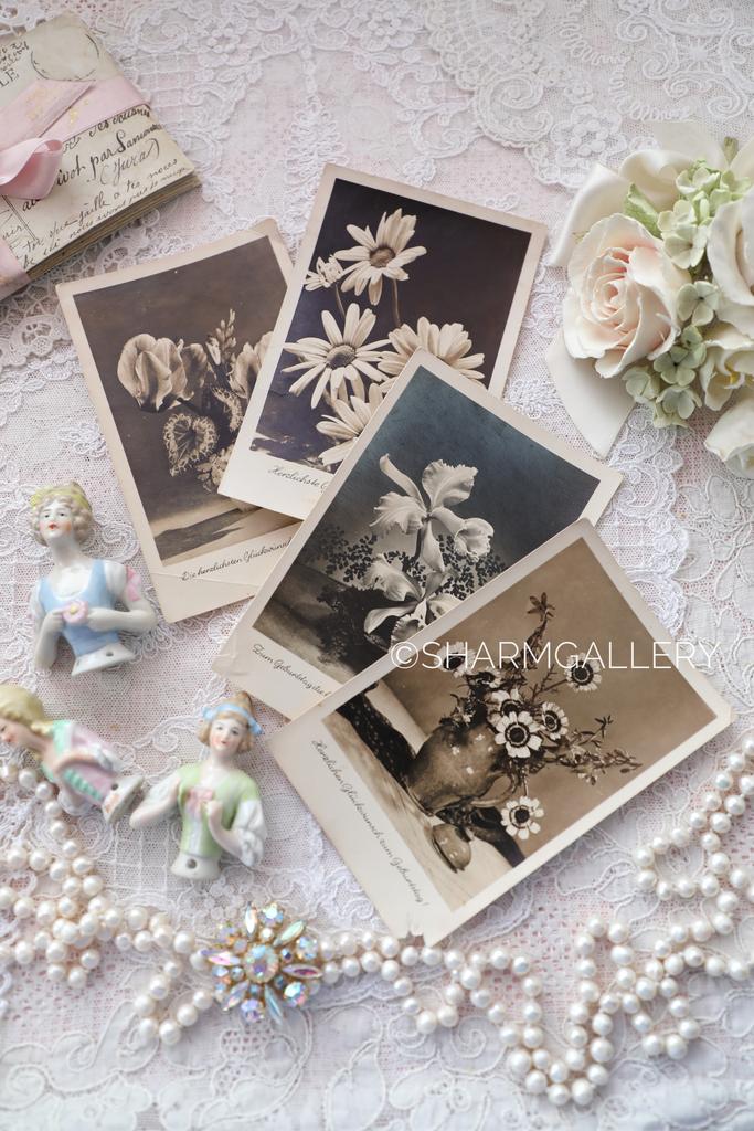 Набор старинных фото открыток 4 шт. «Цветы» чистые, Германия. №224