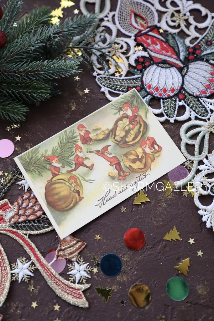 Старинная новогодняя открытка №230 «Гномы» чистая. Таллин 1988г.