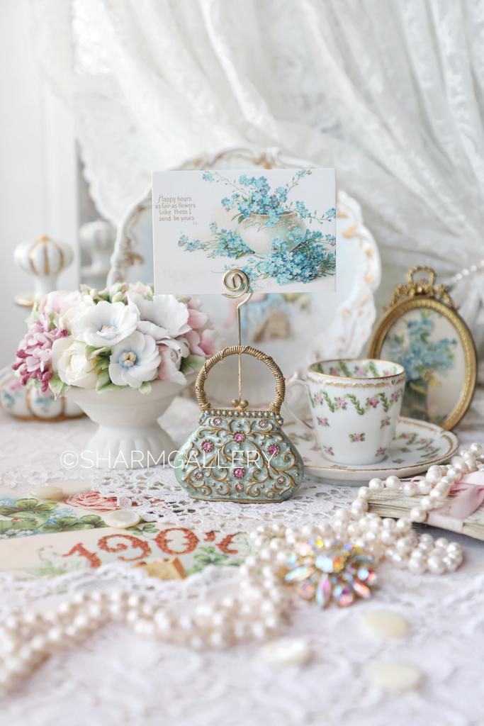 Подставка держатель для карточек «Ретро сумочка» металл, стразы, цветная эмаль Франция.