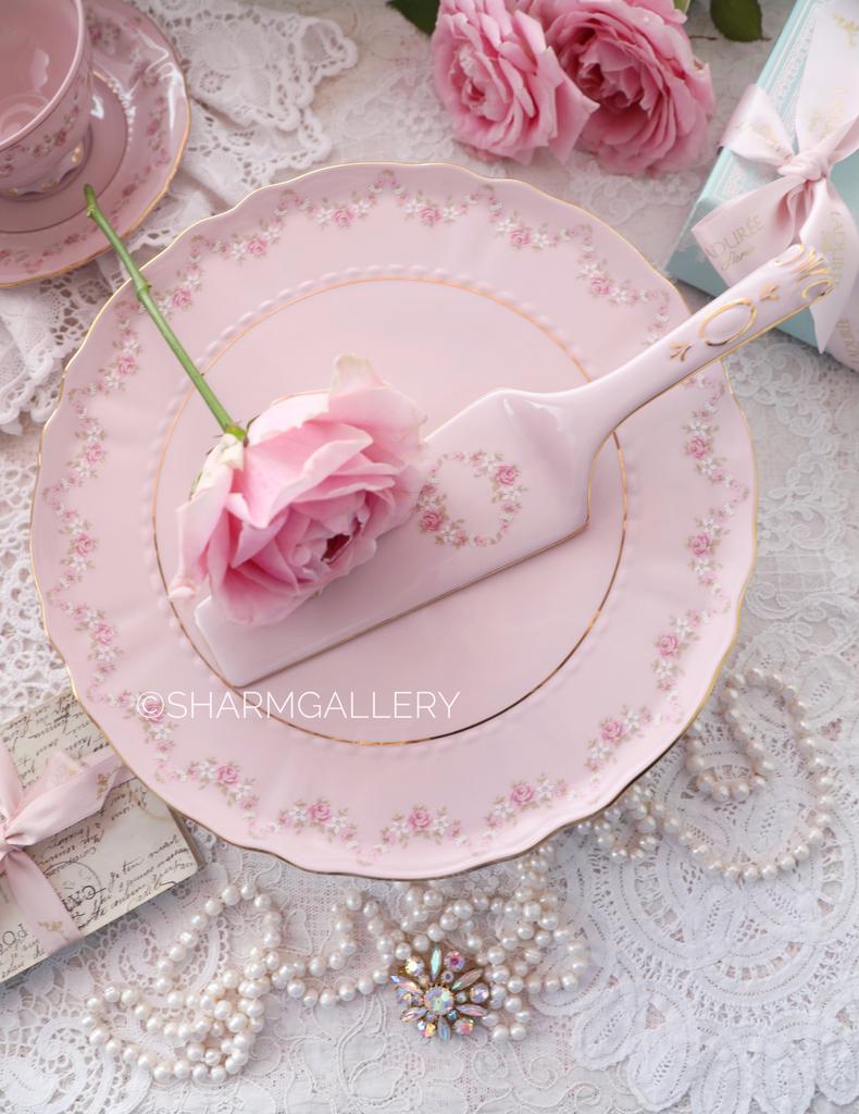 Подставка для торта блюдо с лопаткой «Розовая соната» розовый фарфор Leander Чехия.