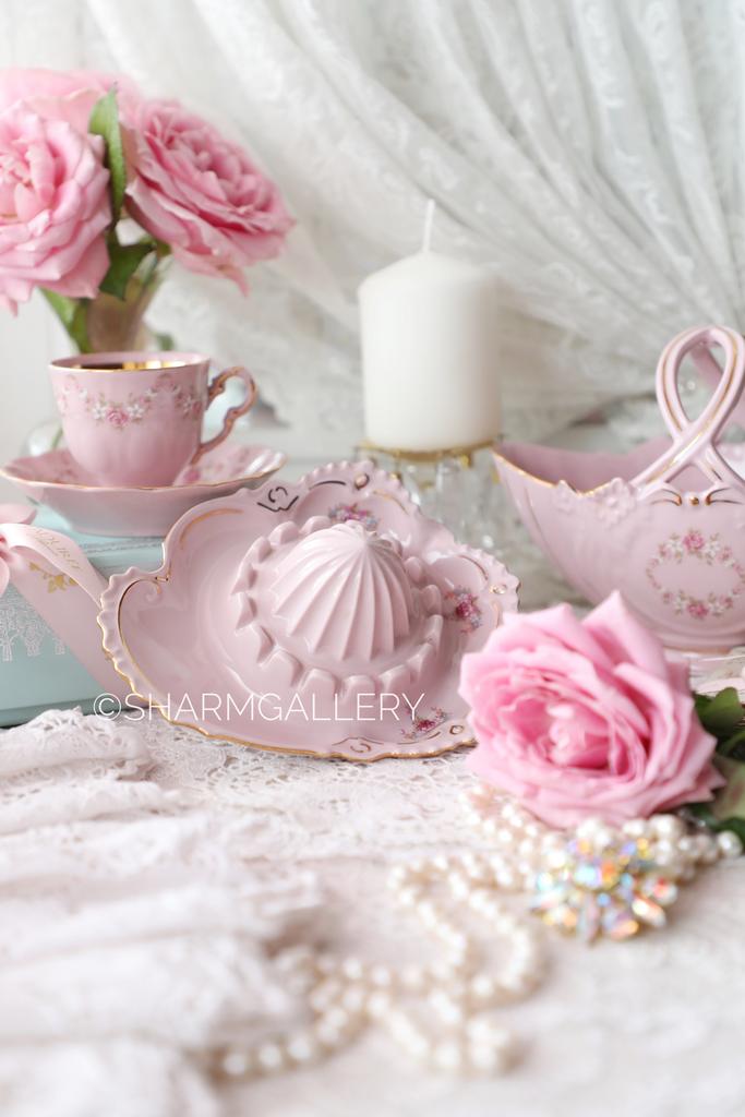 Соковыжималка сервировочная для цитрусовых "Розовые букеты" розовый фарфор Haas and Czjzek Чехословакия.