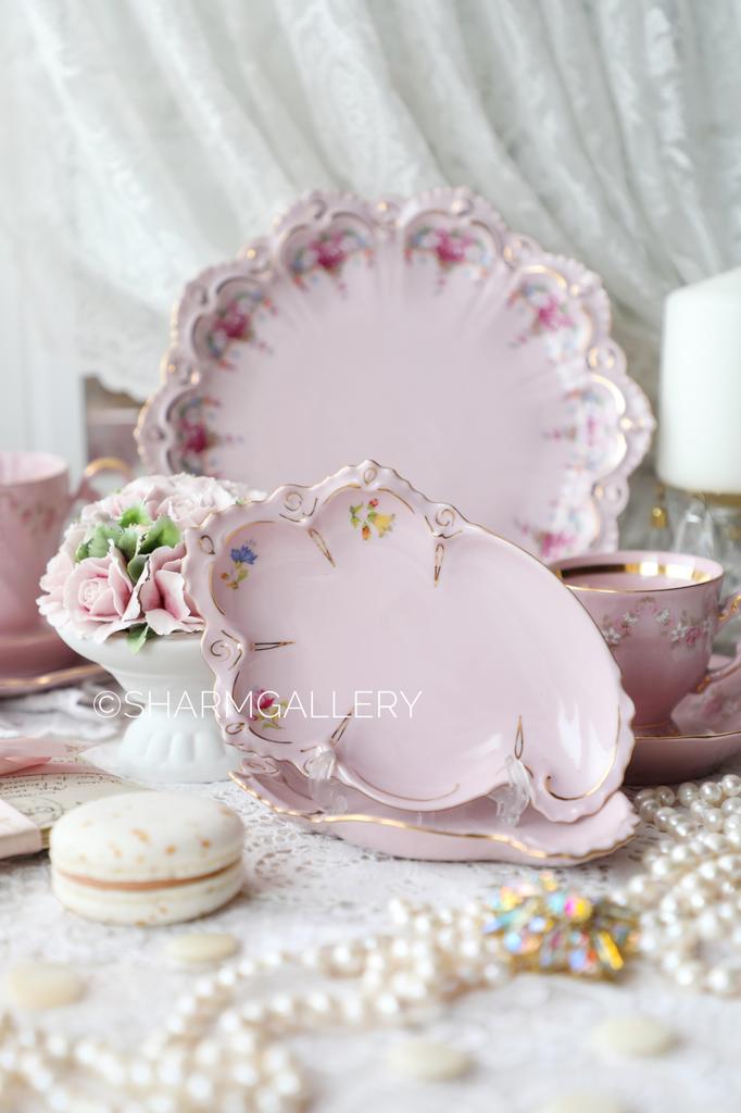 Блюдо/Розетка фигурная сервировочная "Полевые цветы" Ар Нуво розовый фарфор Haas and Czjzek Чехословакия.