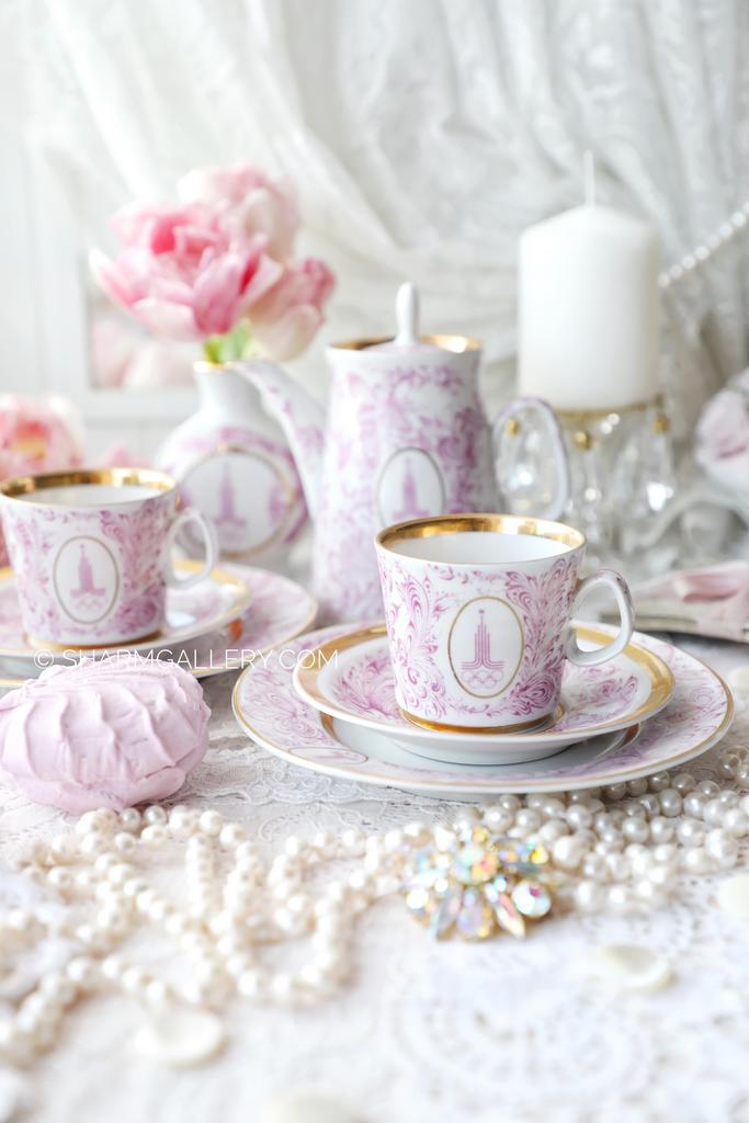 Редкость! Сервиз кофейный ТЕТ-А-ТЕТ + ваза Олимпиада 80 фарфор ЛФЗ Ленинград, СССР