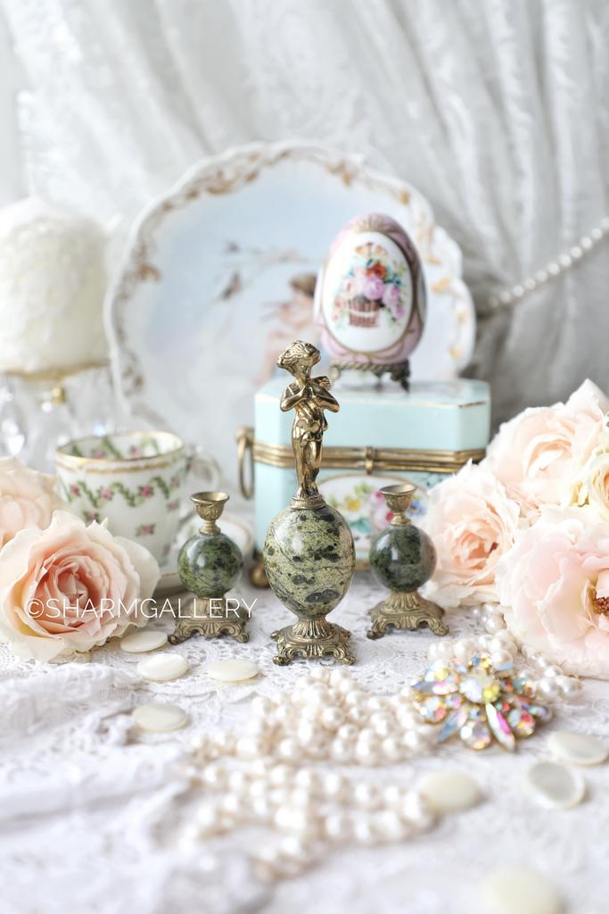 Пасхальный набор яйцо с ангелом и два подсвечника, Бронза, натуральный камень змеевик. Россия