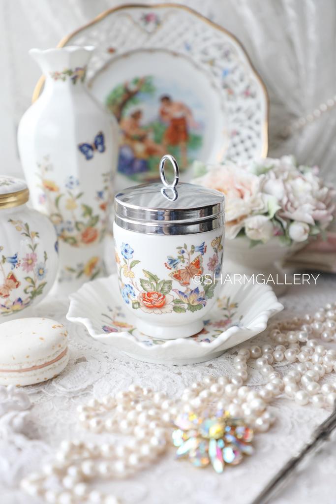 Редкий Кодлер кинг сайз (на 2 яйца) в коробке + тарелочка «Cottage Garden» фарфор Aynsley, Англия.