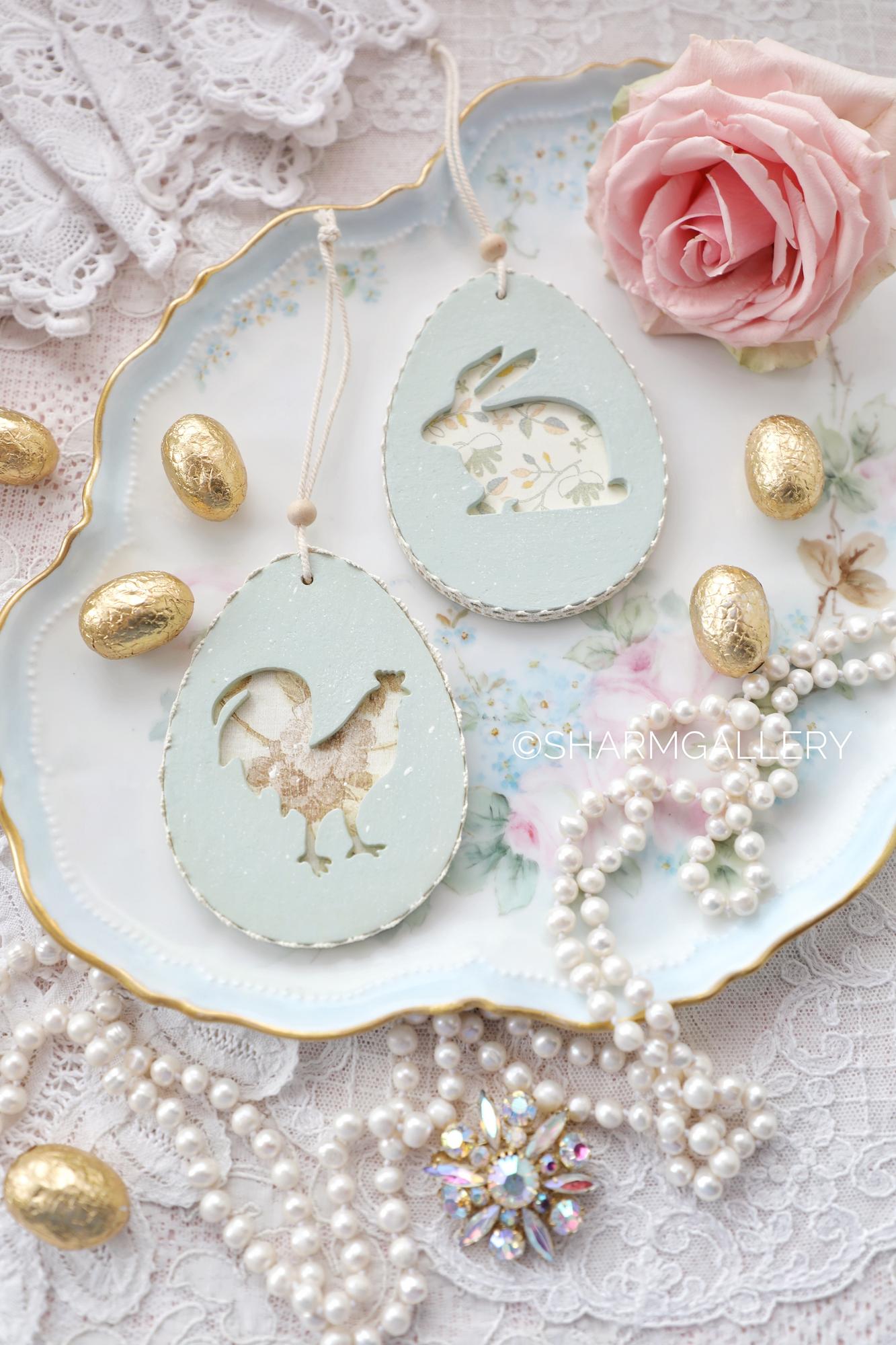 Пасхальные деревянные подвески в форме яйца «Петушок и Кролик» ручная работа.