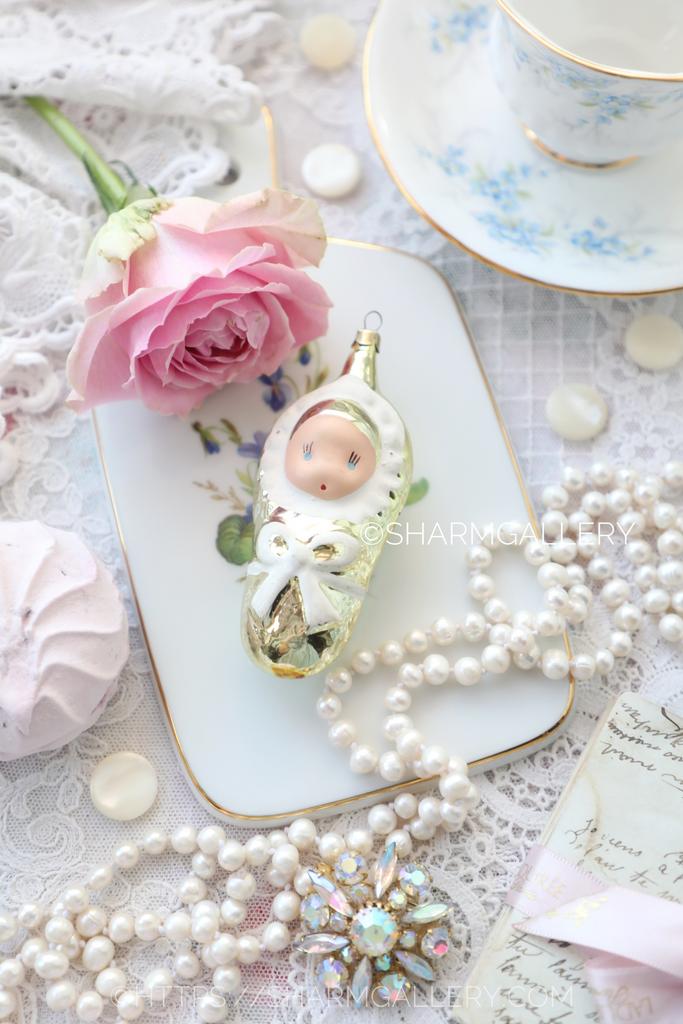 Младенец/Пеленашка ребенок в конверте золотой №37 советская елочная игрушка, стекло СССР.