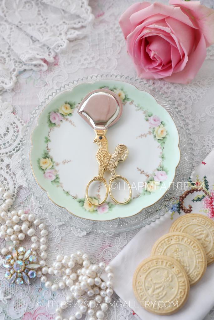Редкие винтажные ножницы для яиц «Петушок» позолота, Германия.
