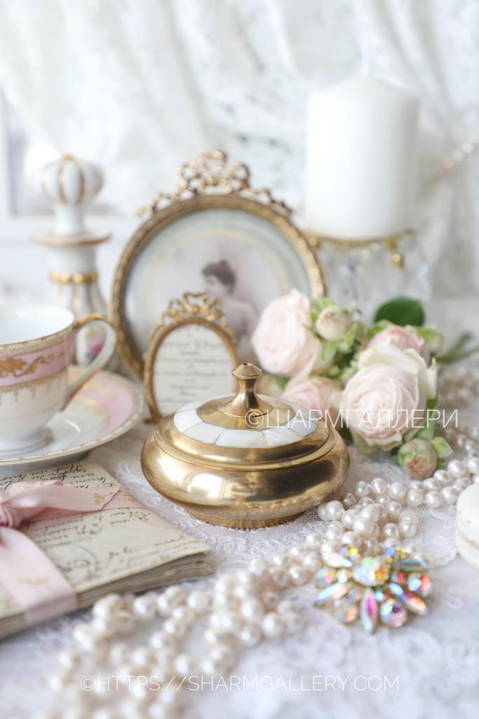 Шкатулка для украшений круглая, латунь, перламутр Индия 1990гг.