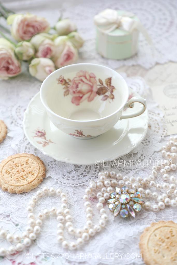 Старинная чайная пара «Роза» айвори фарфор Zeh Hcherzer/Зех Шерцер Бавария, Германия