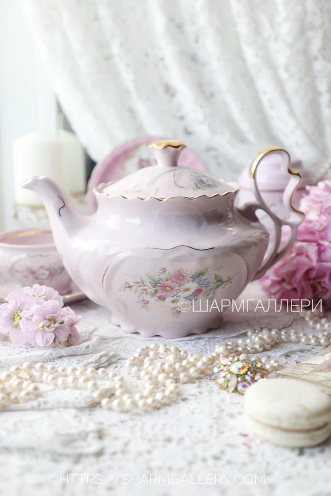 Заварочный чайник "Хризантемы и Незабудки" 1300мл розовый фарфор Haas and Czjzek Чехословакия.