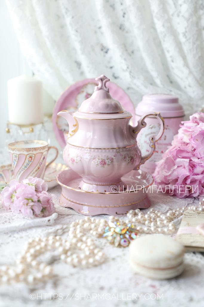 Чайник заварочный - эгоист на подставке «Розовая соната» 350мл розовый фарфор Leander Чехия.