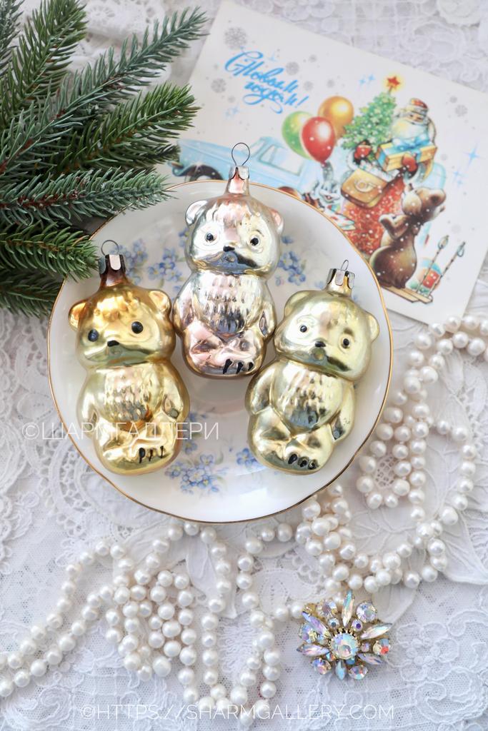 Медвежонок, мишка, медведь. Елочная игрушка, стекло, СССР в ассортименте.