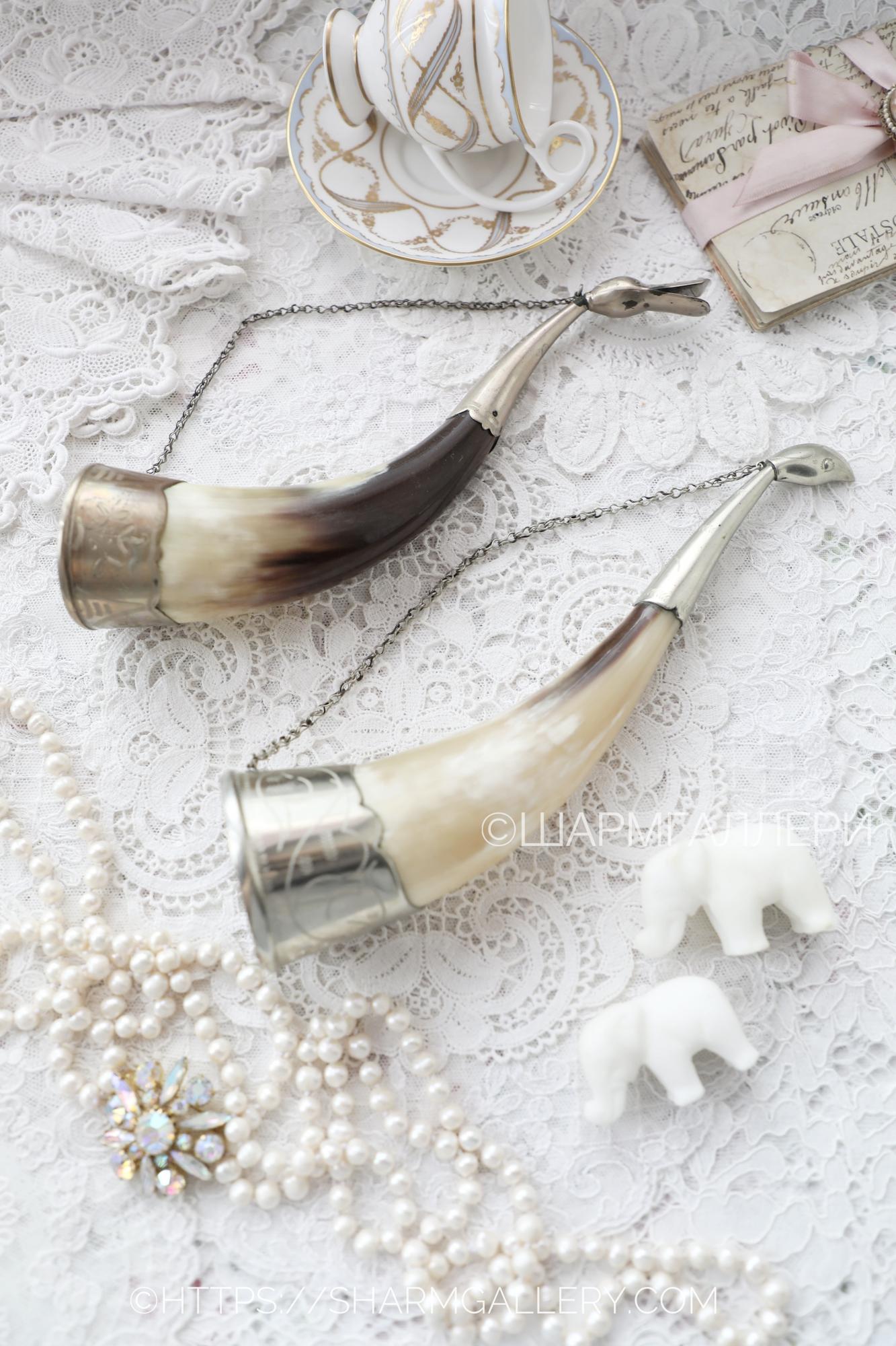 Рог для напитков, пара. Металл, натуральный рог. СССР.