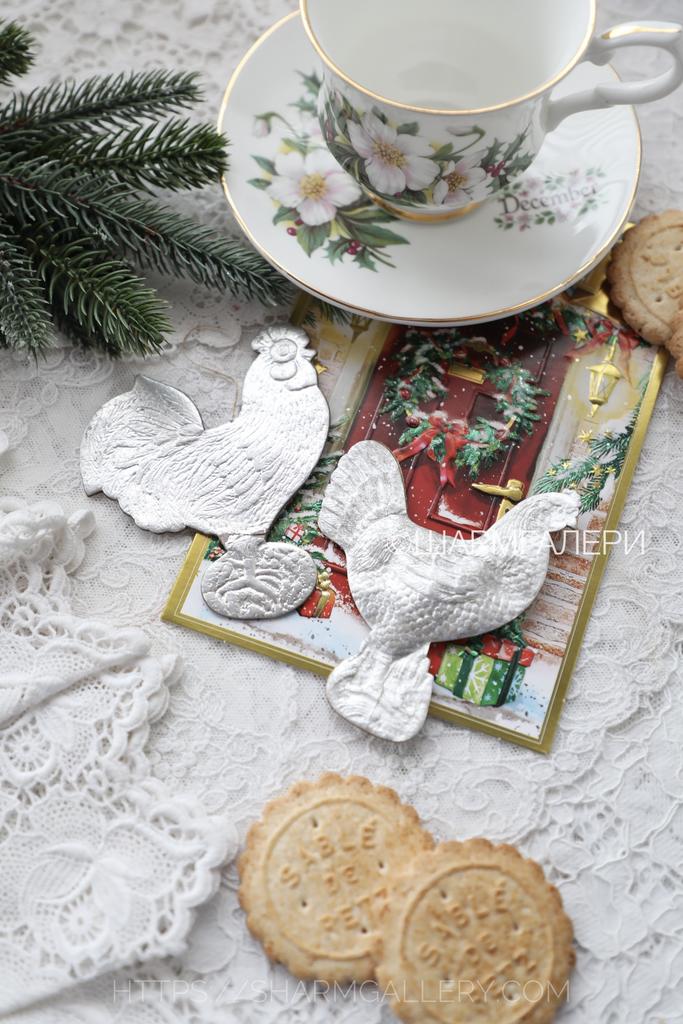 Набор «Курочка и Петушок» елочные игрушки из картона - картонаж, СССР