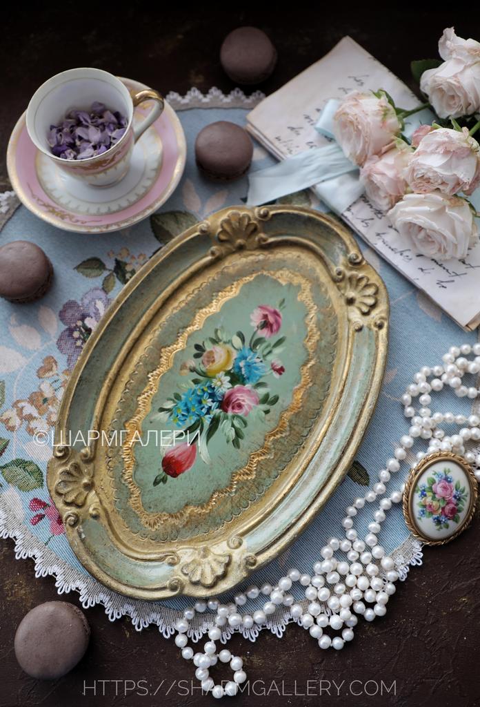 Флоpeнтийcкий деревянный поднос овальный, ручная роспись. Флоренция Италия.