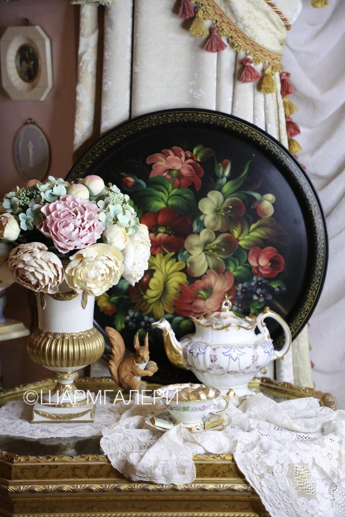 Старинный жостовский поднос с цветочной росписью, 50см. СССР