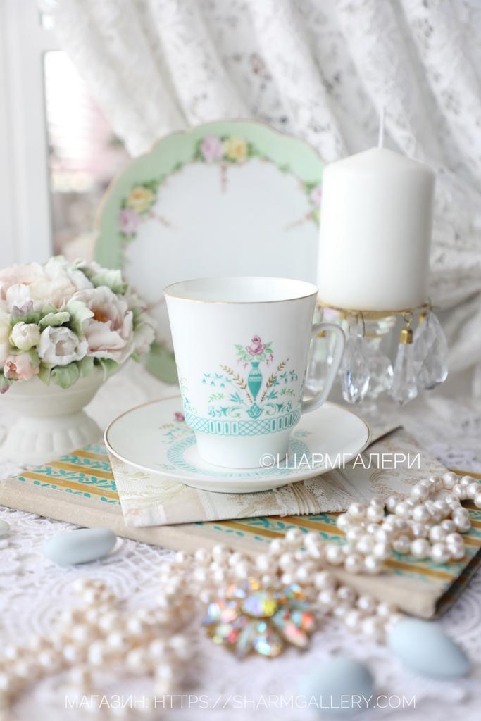 Кофейная пара "Ваза с розой" костяной фарфор ЛФЗ, СССР.