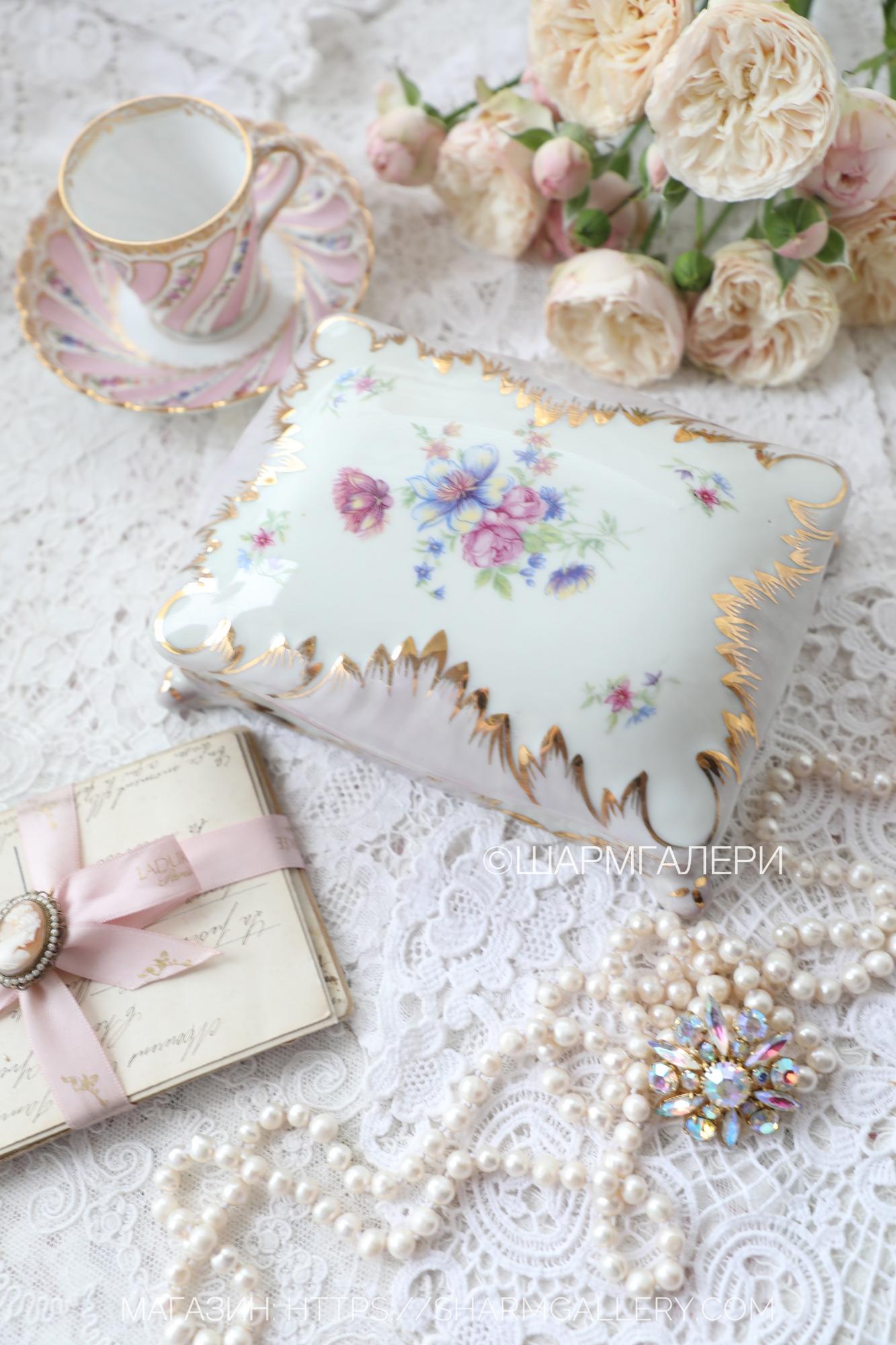 Уценка! Антикварная шкатулка для карт на две колоды «Мейсенский букет» фарфор, старая Германия.