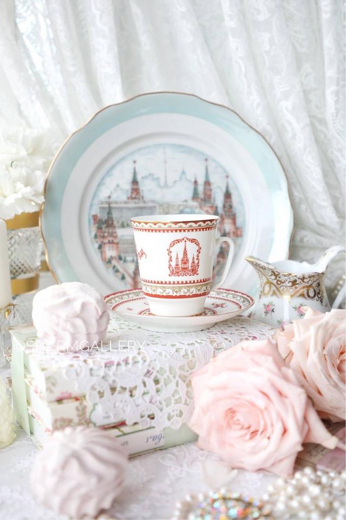 Уценка! Кофейная пара "Московский Кремль"  (Московский сувенир) костяной фарфор ЛФЗ Ленинградский Фарфоровый Завод, СССР.