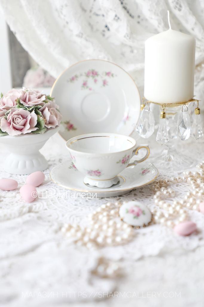 Миниатюрная Кофейная мокко пара «Ситцевые розы» фарфор Triptis VEB Porzellan Германия 1950гг.