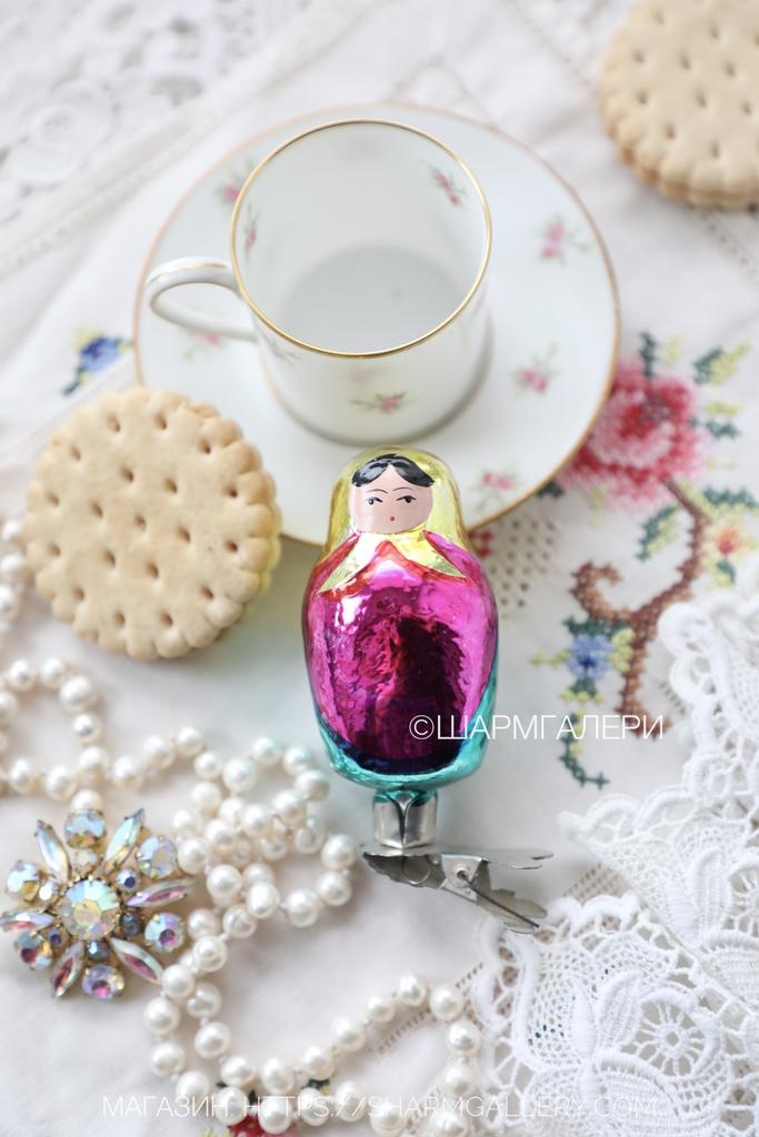 Матрешка. №27 елочная игрушка, стекло на прищепке.СССР.