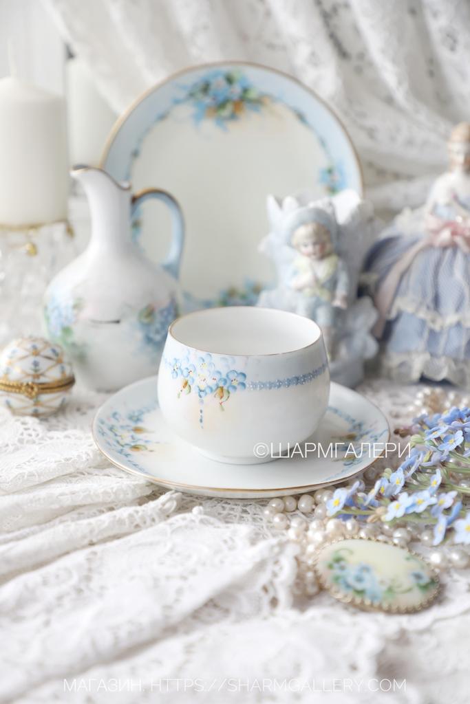 Антикварная чайная пара «Незабудки» фарфор, роспись. Бавария, Германия