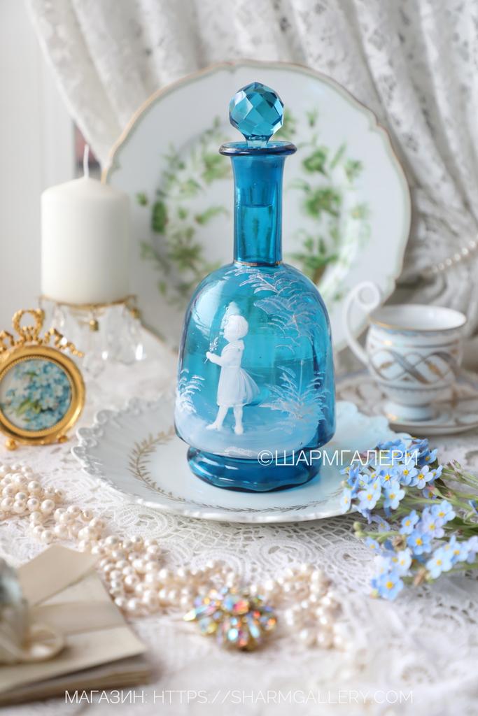 Старинный Графин Mary Gregory Мэри Грегори «Амур» купоросное стекло, эмаль, Германия 19 век