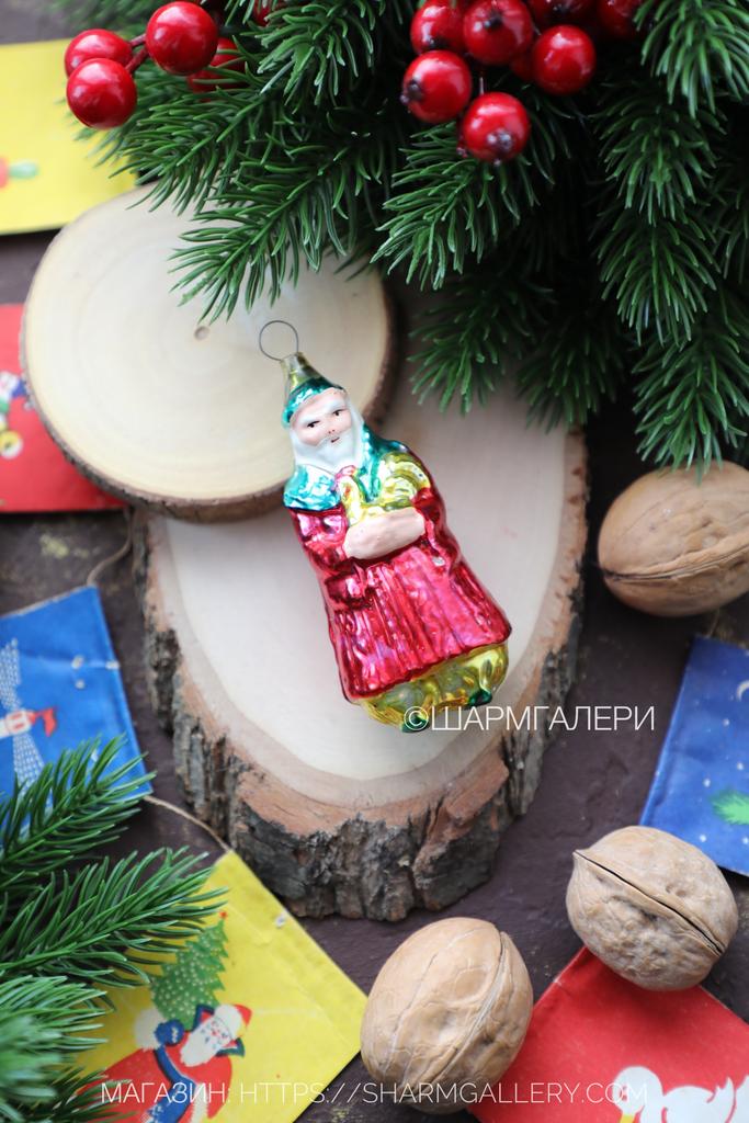 "Царь Дадон с петушком" Сказка о золотом петушке, старинная елочная игрушка, стекло на подвесе, СССР №257