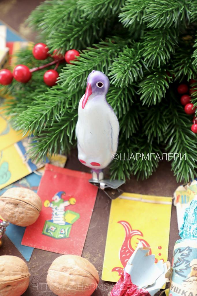 "Пингвин" птица старинная елочная игрушка, стекло на прищепке, СССР №260