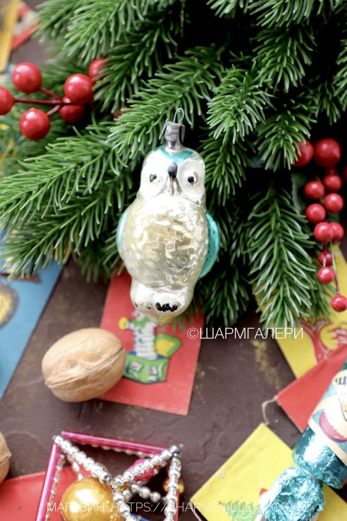 "Сова" старинная елочная игрушка, стекло на подвесе, СССР №262
