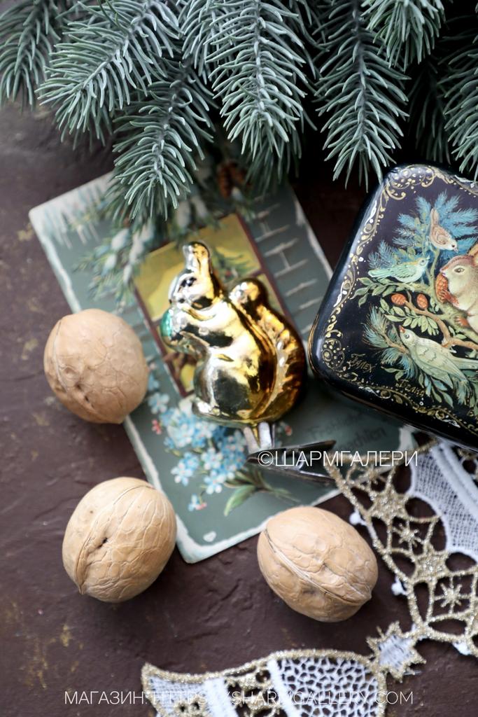 Белочка. №287 советская елочная игрушка, стекло на прищепке, СССР.