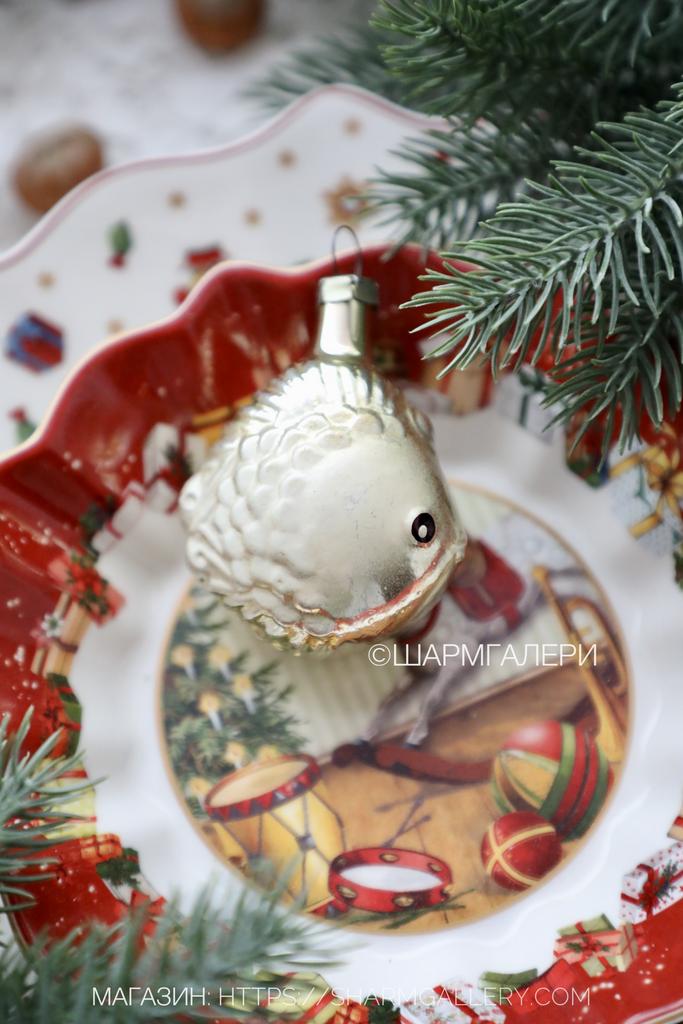 Рыба рыбка серебристая елочная игрушка, стекло СССР №290