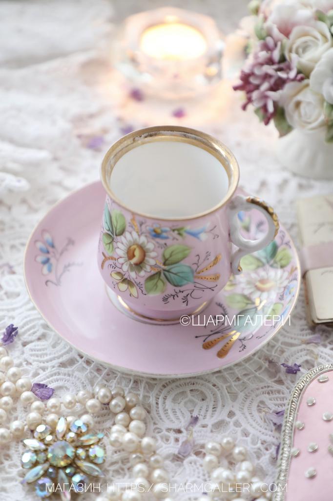 Чайная пара розовая с цветами, кузнецовский фарфор товарищества Кузнецова Царская Россия 19 век