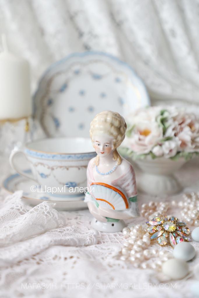 Антикварная Half doll «Дама с веером» кукла половинка 11см фарфор, Германия