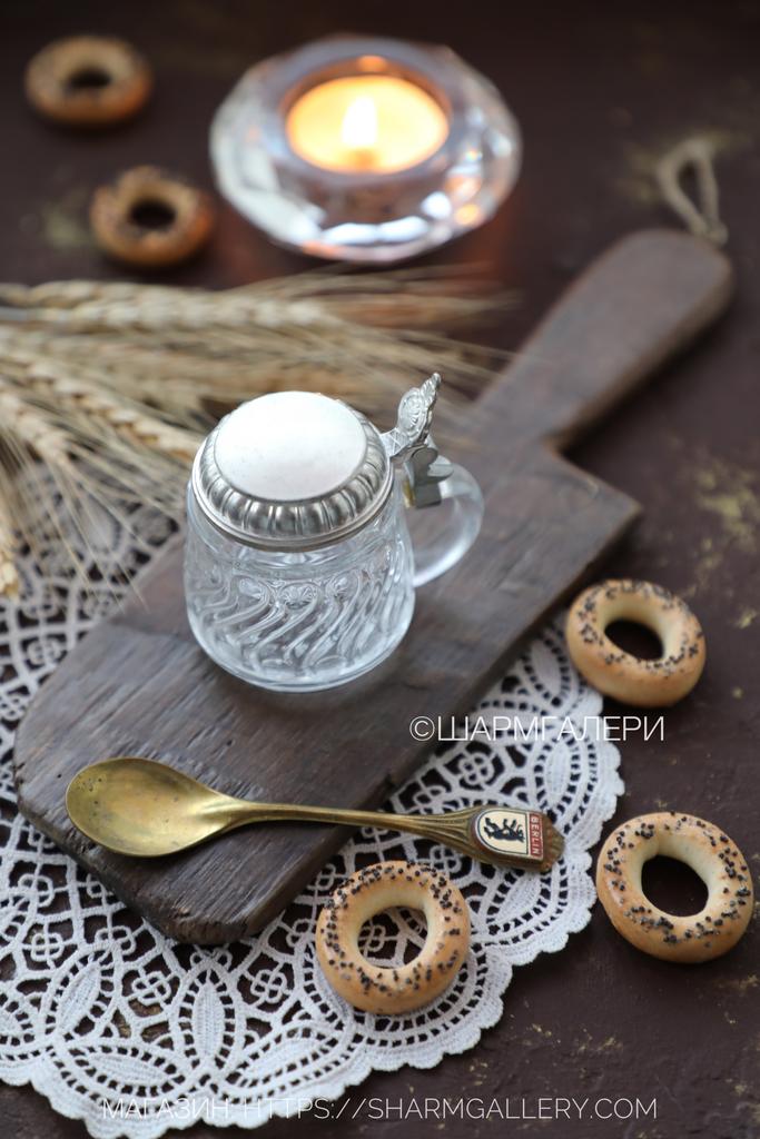 Горчичница в виде пивной кружки + латунная ложечка в подарок, стекло олово, ГДР.