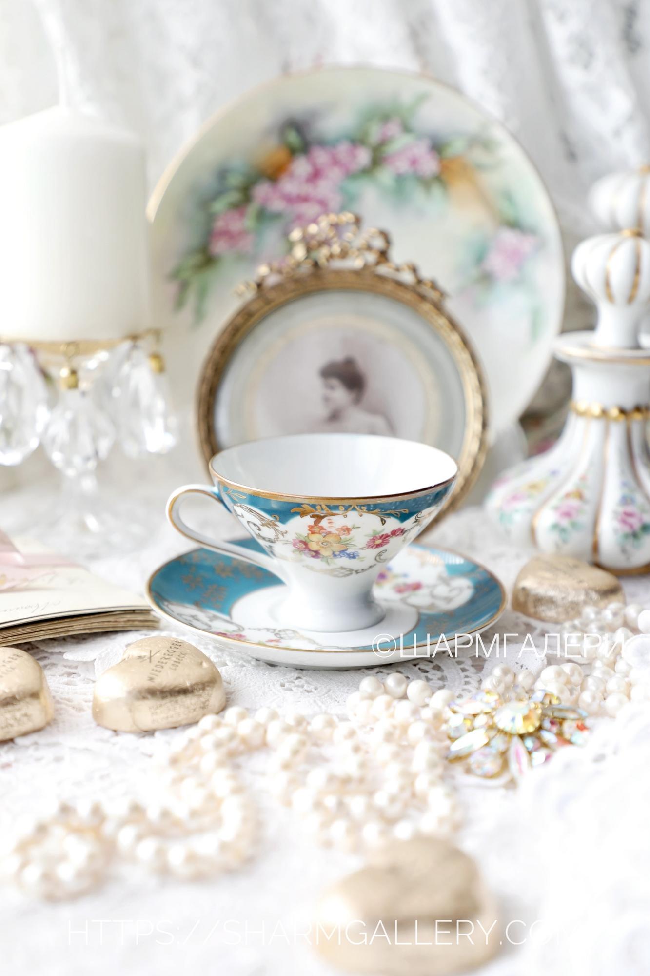 Миниатюрная бирюзовая кофейная пара фарфор Bavaria Bareuther, Германия.