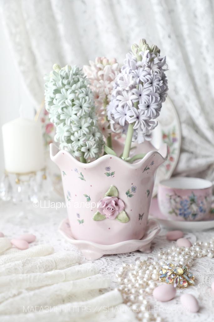 Фарфоровый розовый горшок для цветов «Роза» с поддоном на ножках, роспись, Англия. №4