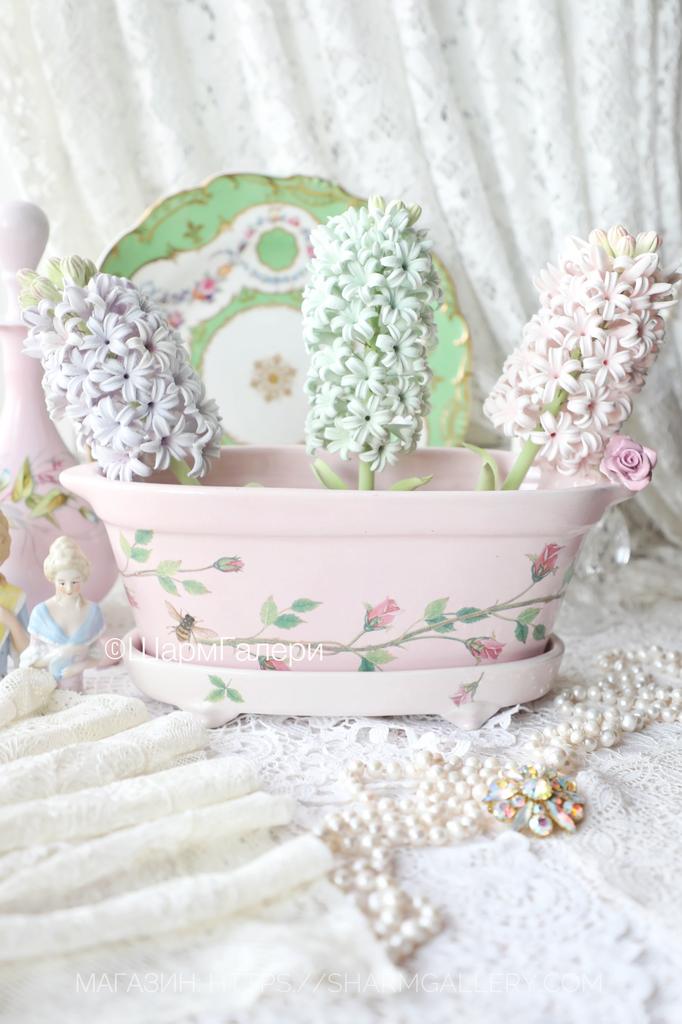 Фарфоровый овальный горшок для цветов «Роза» с поддоном на ножках, роспись, Англия. №6