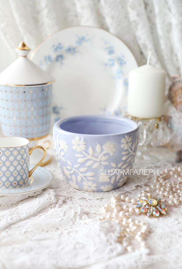 Кашпо для цветов, комнатных растений «Белые цветы» фарфор, ручная работа.