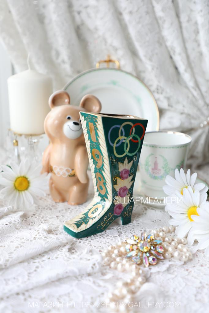 Редкость! Вазочка карандашница «Сапожок» Олимпиада 80 фарфор, роспись Дулево СССР.