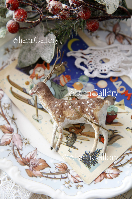 Антикварная елочная игрушка из ваты "Олень" (косуля). СССР