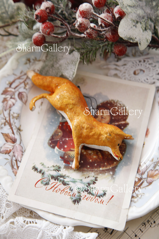 Антикварная елочная игрушка из ваты "Лиса". СССР