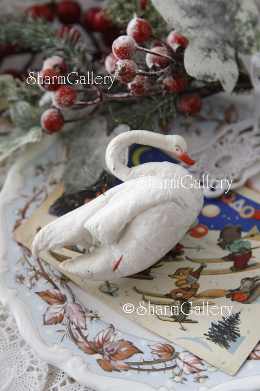 Антикварная елочная игрушка из ваты "Лебедь". СССР