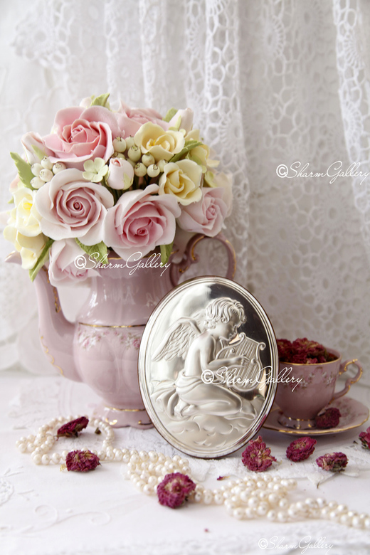 Картина/Панно на подставке "Ангел с лирой". Серебро, Valenti Италия, винтаж.