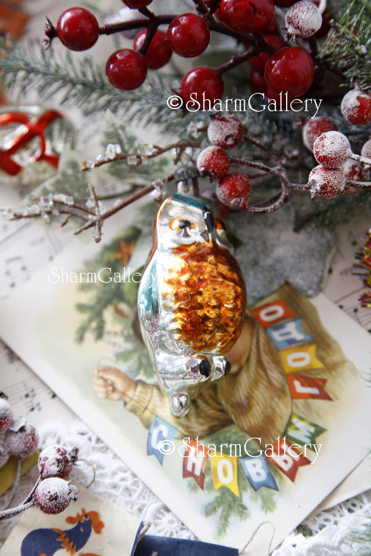 Сова. Елочная игрушка, стекло, СССР.