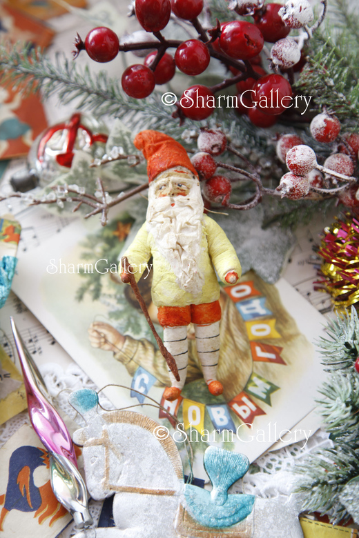 Антикварная елочная игрушка из ваты "Гном". СССР