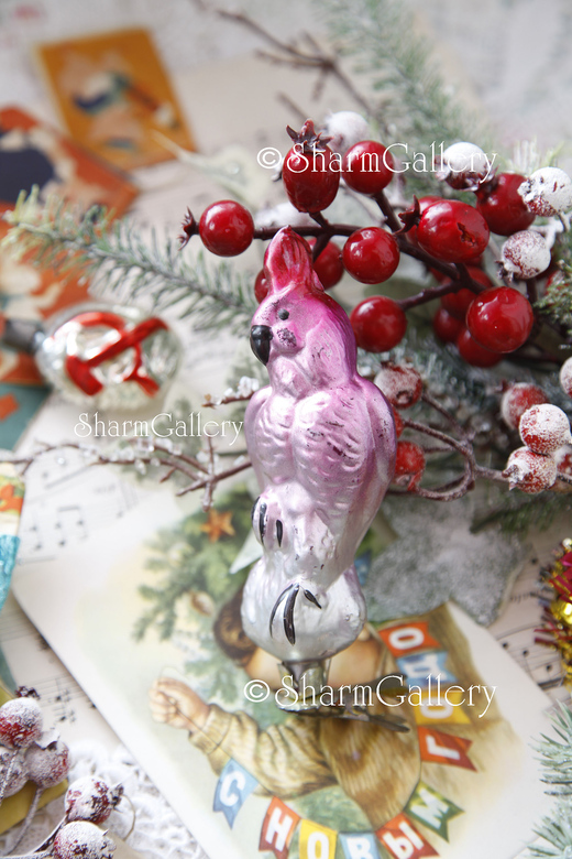 Розовый попугай. Серия "Цирк". Елочная игрушка на прищепке, СССР.