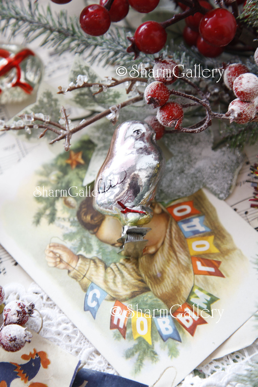 Цыпленок. Елочная игрушка, стекло, амальгама на прищепке. СССР.